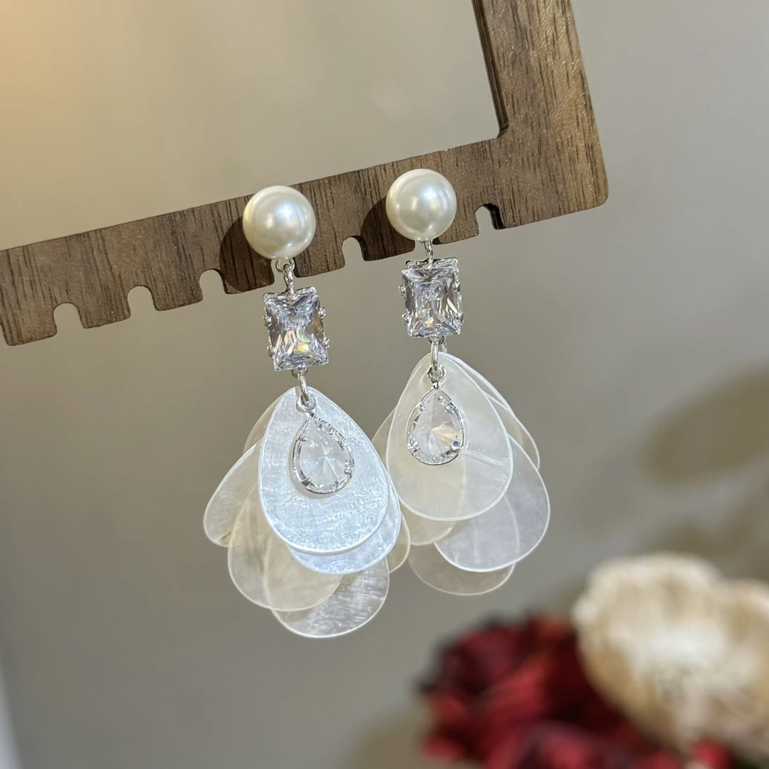 合金贝壳耳饰 杨杨babytime 度假风超仙贝壳花流苏锆石珍珠耳钉