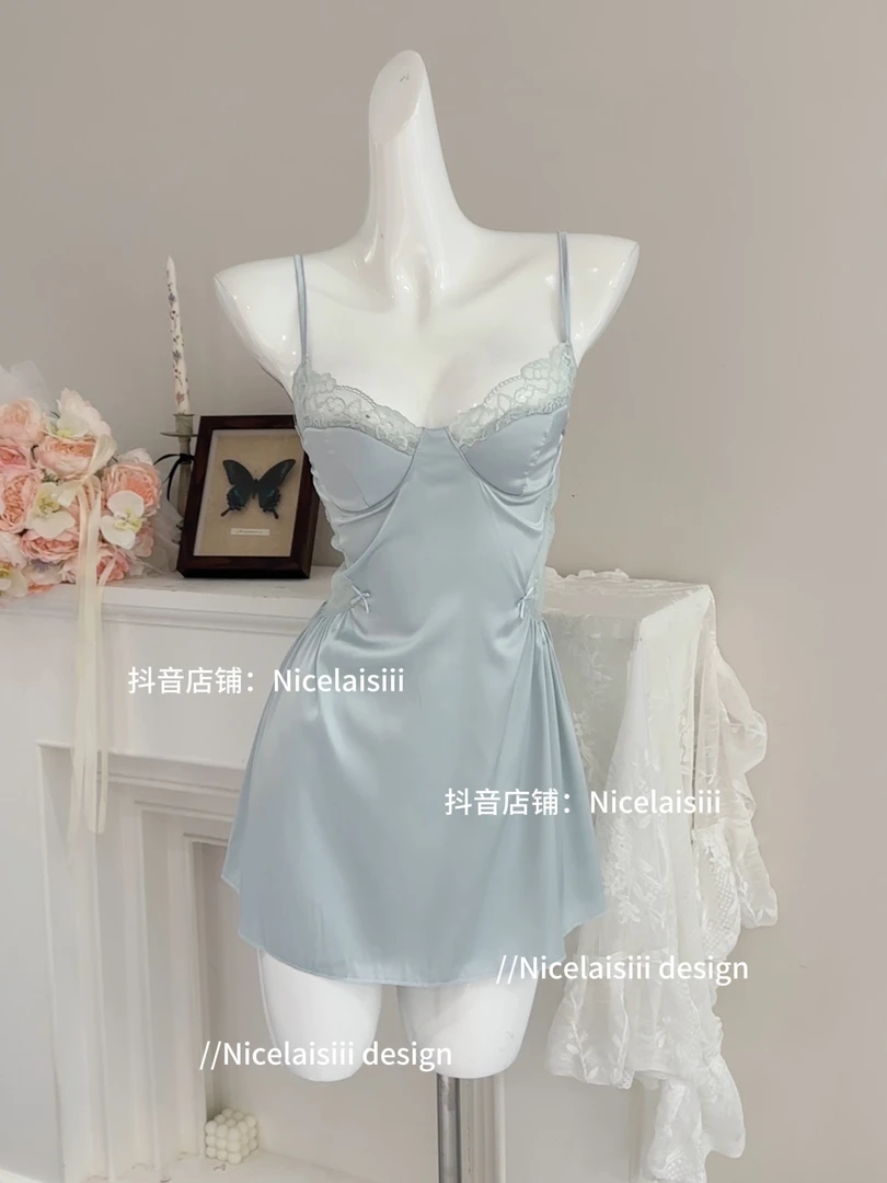 Nicelaisiii今夜微醺 纯欲风带胸垫冰丝吊带睡裙甜美性感蕾丝睡衣