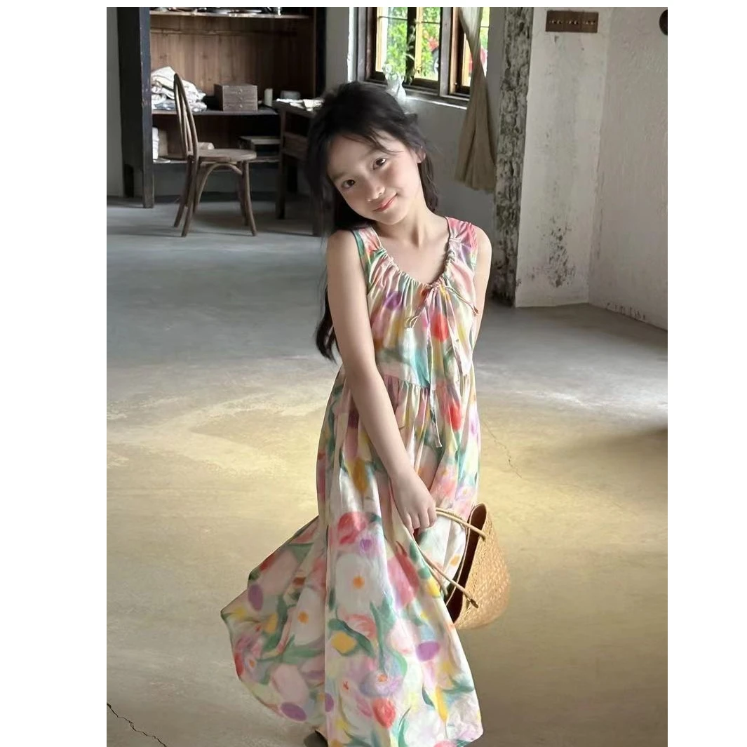 背心连衣裙2025夏中大童女童油画凤大花长款连衣裙夏季度假风长裙