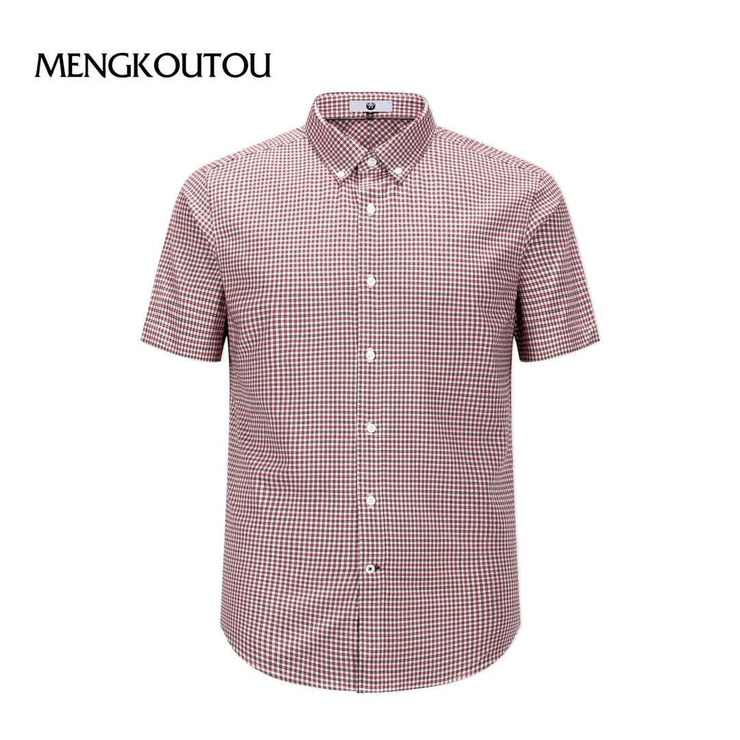 mengkoutou男格子夏季短袖清凉衬衣男士修身时尚透气翻领商务衬衫