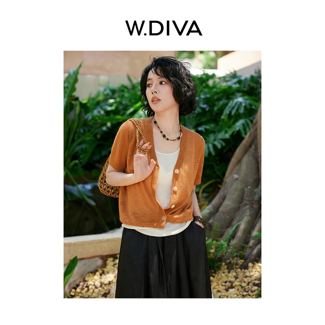 W.Diva【小确幸】夏季薄款百搭竹节肌理V领短袖针织开衫女52Z202154