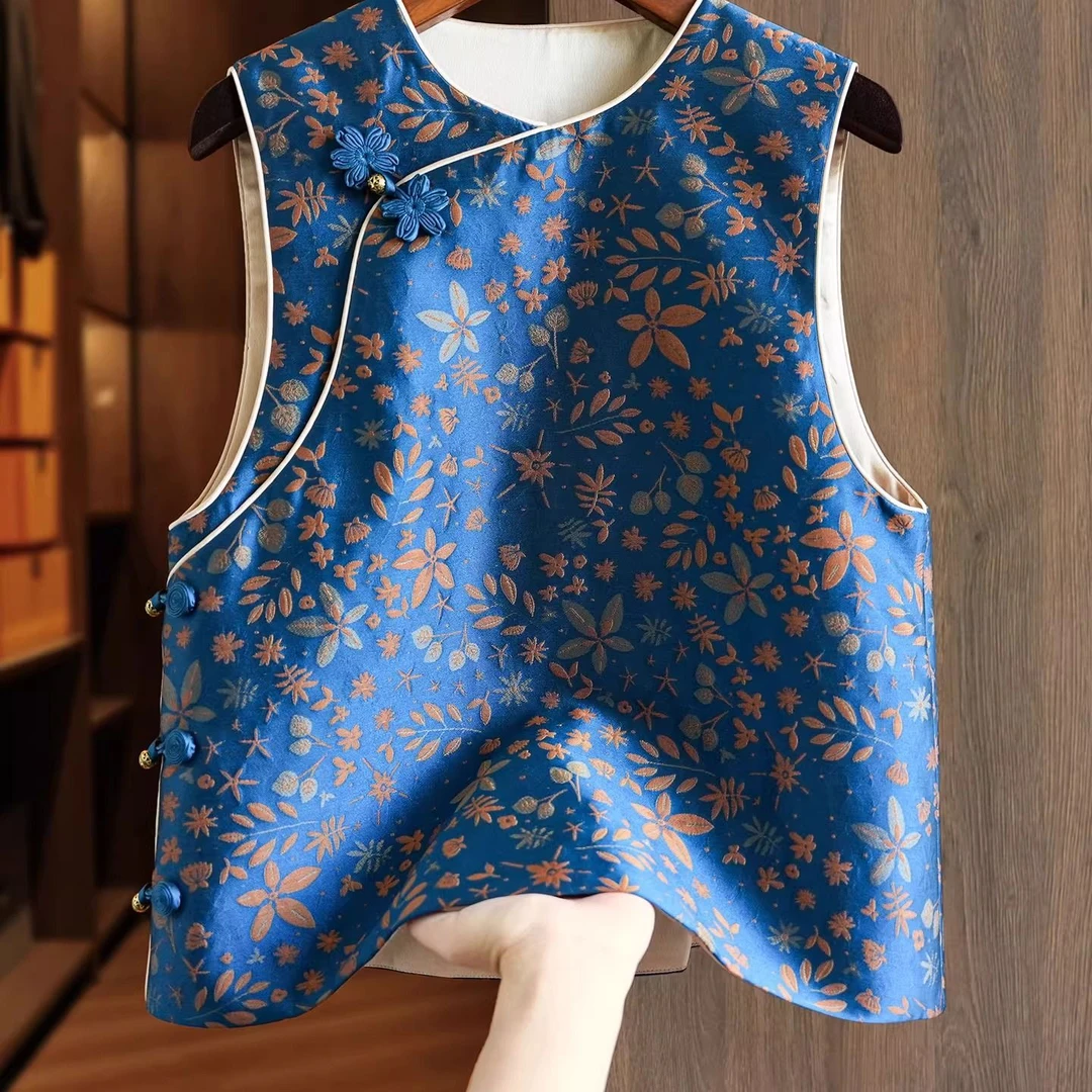 蓝色爆款改良盘扣新中式提花新中式马甲背心女2025轻国风唐装上衣