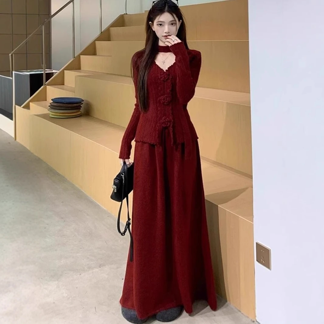 酒红色套装长袖V领提花针织衫女装春季高腰半身裙法式气质两件套