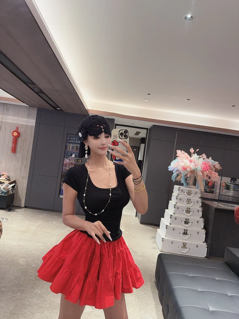 DOUWU【夏日甜心】净版红黑两色U领半袖上衣SY13720