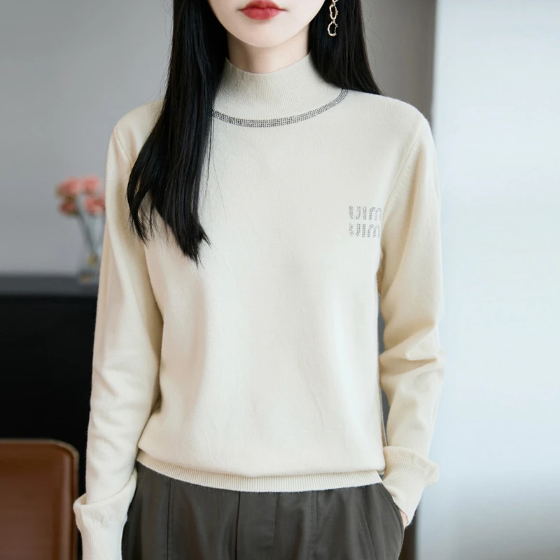 烫钻半高领针织衫女宽松长袖上衣秋冬气质百搭打底衫内搭女装毛衣