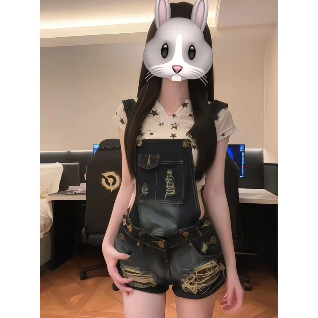 可拆卸美式复古辣妹破洞高街牛仔背带裤女宽松显瘦连体直筒短裤子