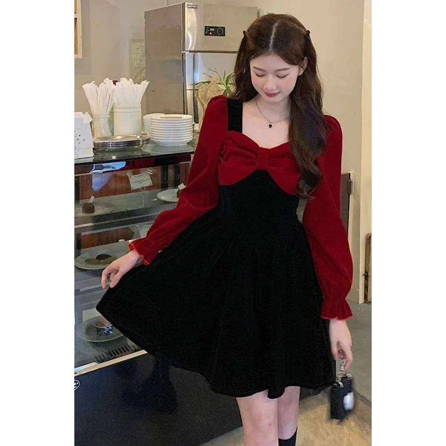 哥弟阿玛施正品设计感假两件方领连衣裙女秋冬季法式红色裙子收腰