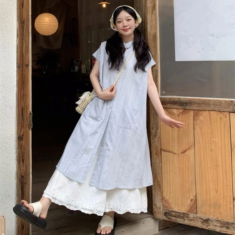Mm微胖大码女装日系叠穿两件套蓝色条纹衬衫连衣裙夏季蕾丝半