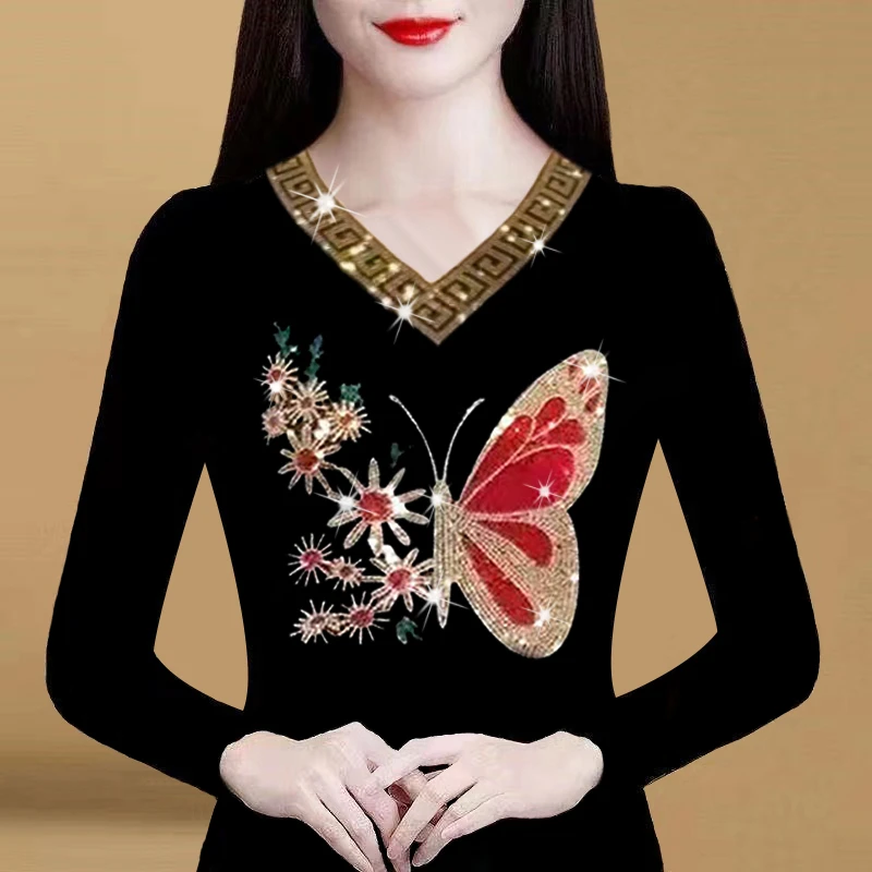 时尚V领烫钻长袖大码遮肚子修身显瘦减龄洋气气质小衫妈妈装上衣