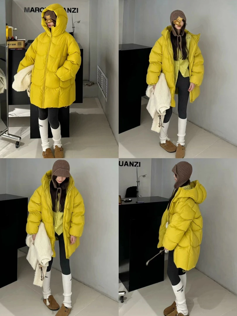 韩版花苞帽连帽泡芙羽绒服女中长款2024年冬新款茧型白鸭绒外套