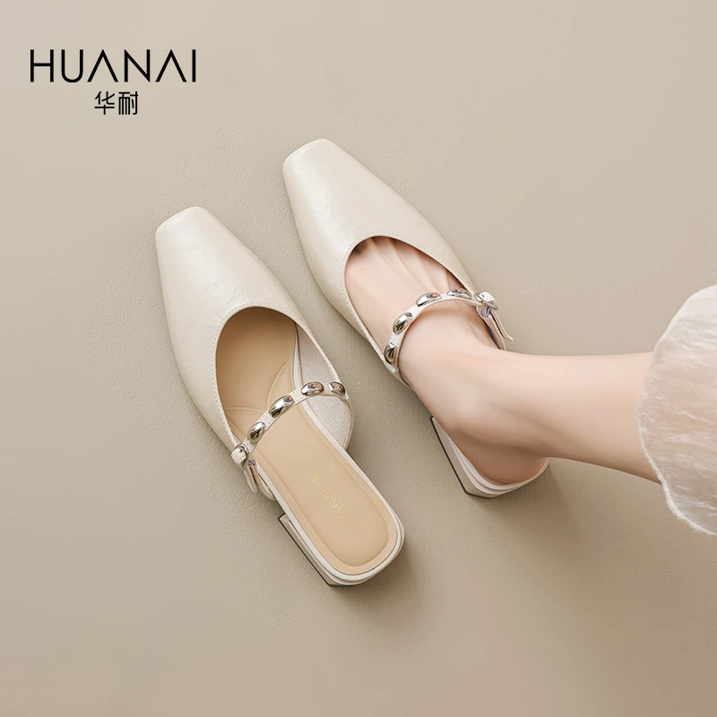 华耐低跟百搭方头凉拖鞋女外传2025新款夏季平底洋气懒人包头拖女