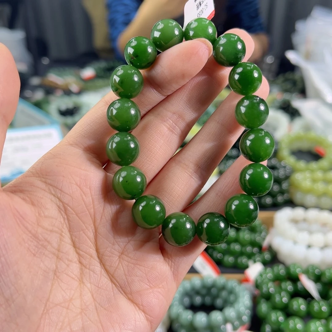 和田玉未镶嵌手链纯天然和田玉12mm俄料碧玉辣阳绿圆珠
