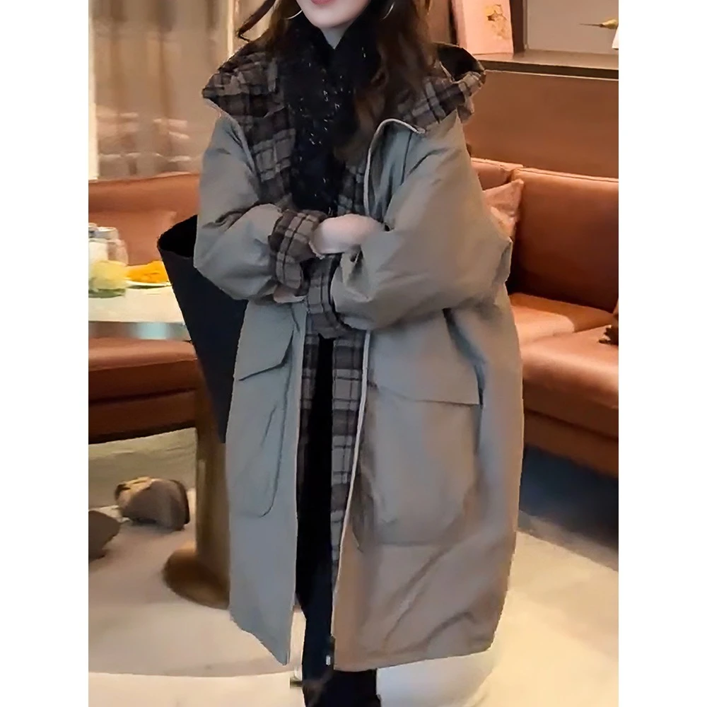 欧洲站时尚慵懒中长款保暖棉服外套女冬季新款宽松不臃肿棉衣袄子