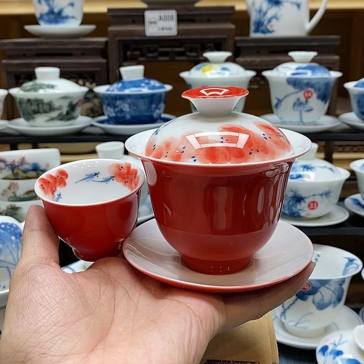 雾***手绘龙船花盖碗160cc➕同款杯子釉下彩微瑕福利款