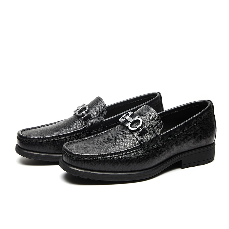 欧洲站马衔扣十字纹男鞋一脚蹬十字纹商务休闲皮鞋真皮厚底乐福鞋