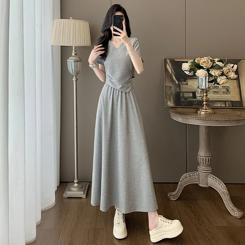 韩版女夏季新款时尚洋气套装裙灰色圆领短袖上衣半身长裙两件套潮