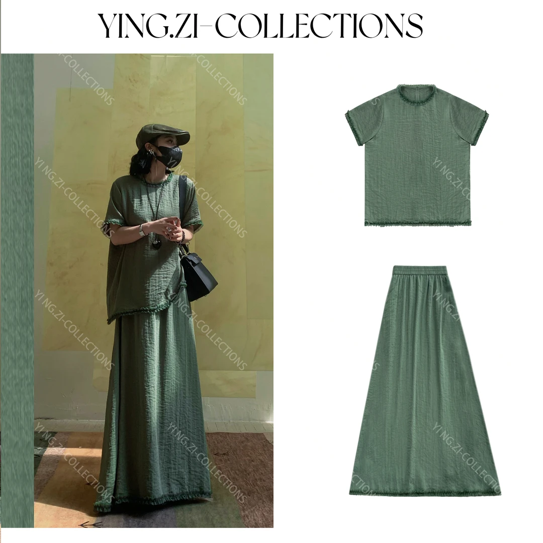 Ying-Zi【花镜】短袖套装休闲复古蕾丝边气质设计感