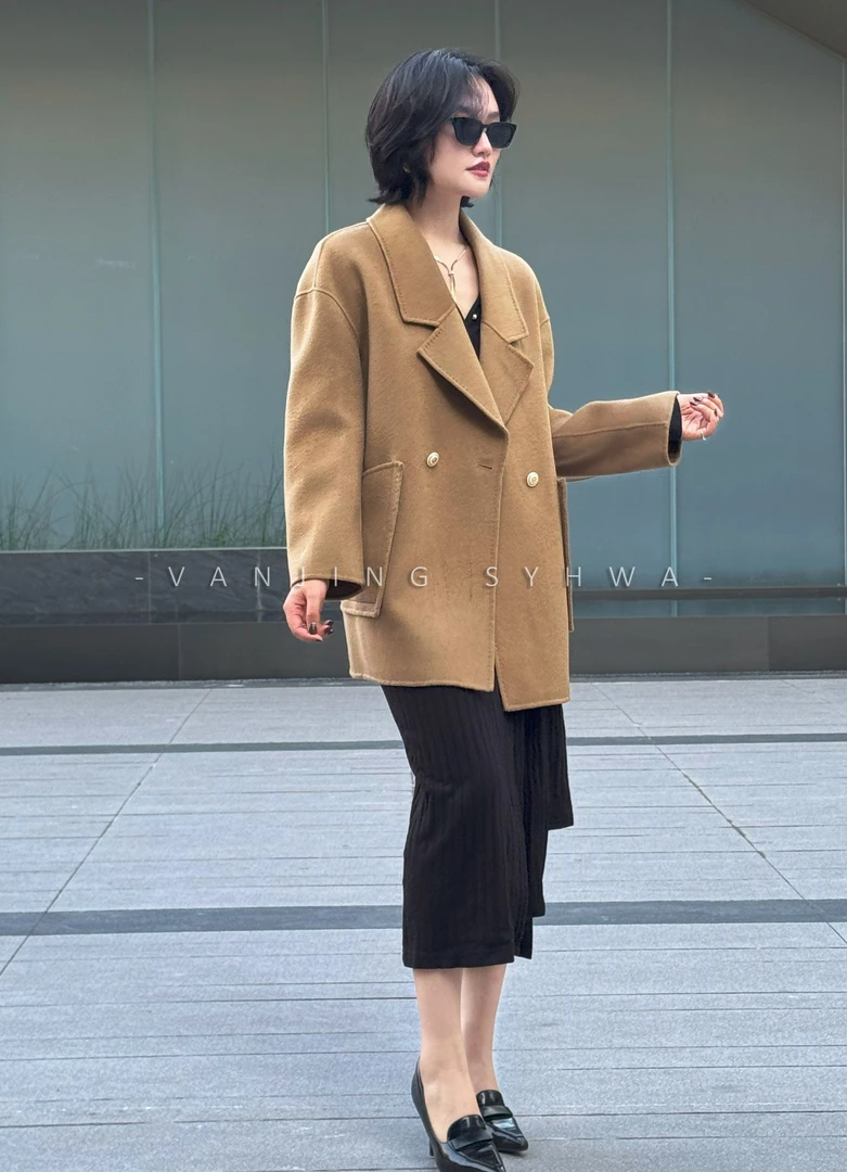 VanJing Syhwa 【100%绵羊毛】秋季女士宽领双面呢短款抓绒大衣外套