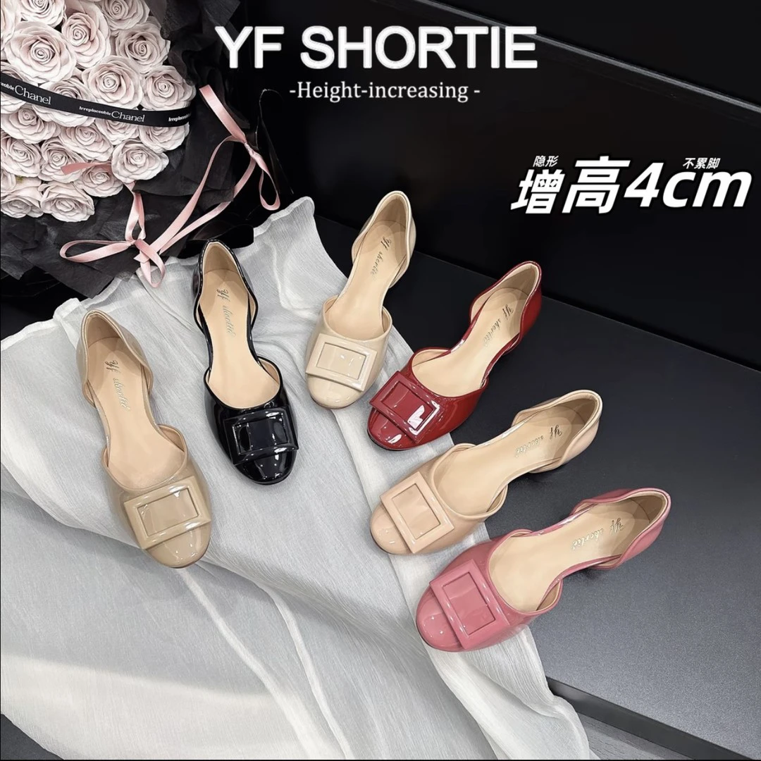 小个子增高4CM烤漆方扣中空凉鞋女2025年新款法式圆头内增高单鞋