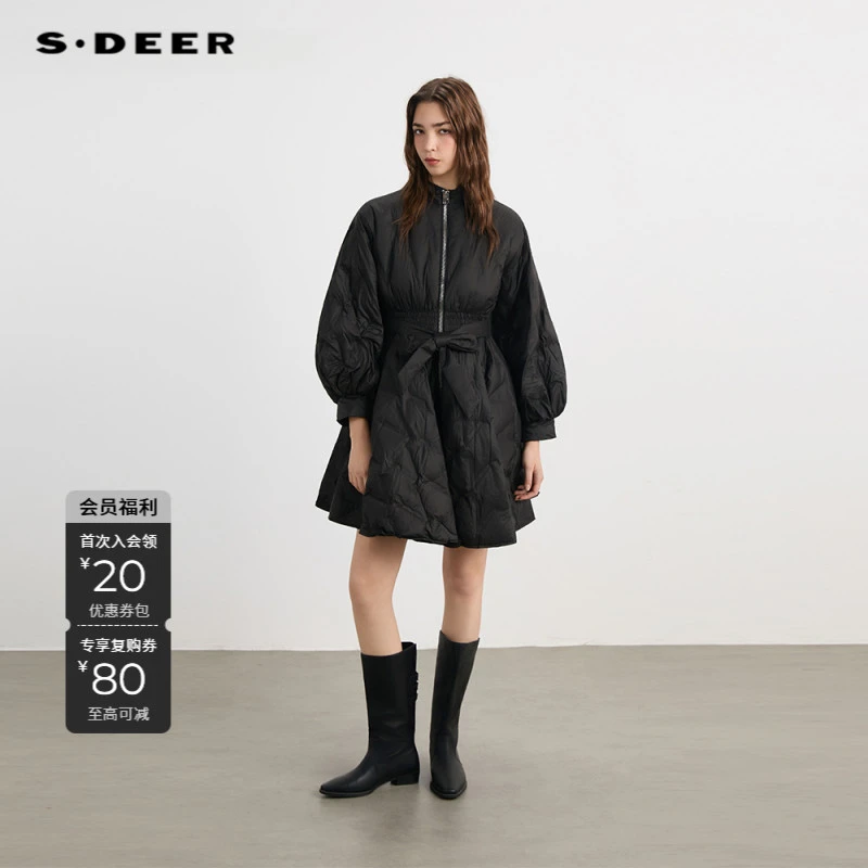 S·DEER妈见夸的气质穿搭黑色收腰长款冬季羽绒服S244Z2416