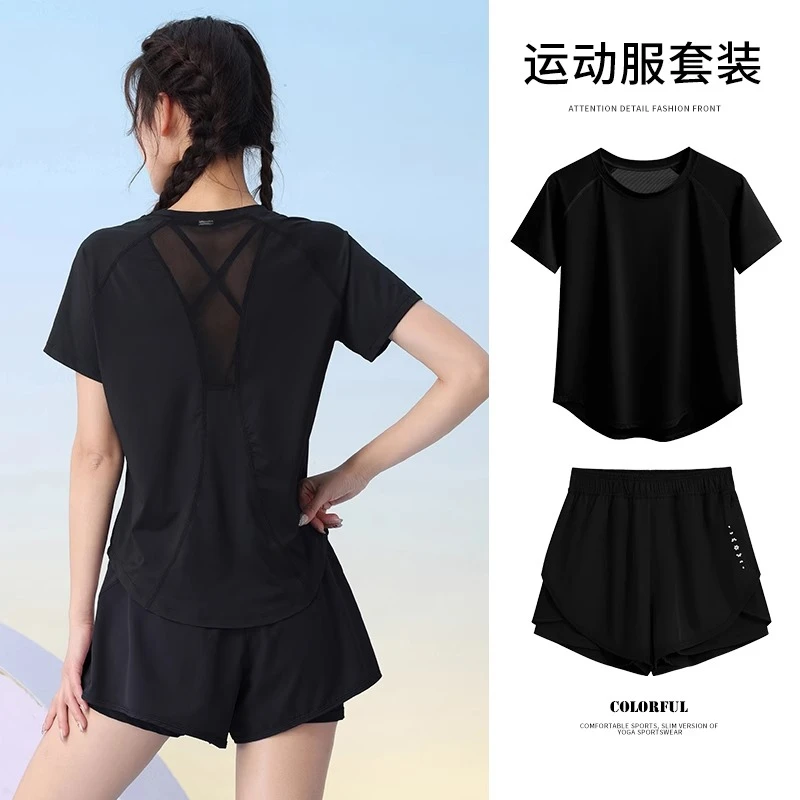 运动套装女夏季大码宽松显瘦瑜伽服短袖速干衣专业跑步健身训练服