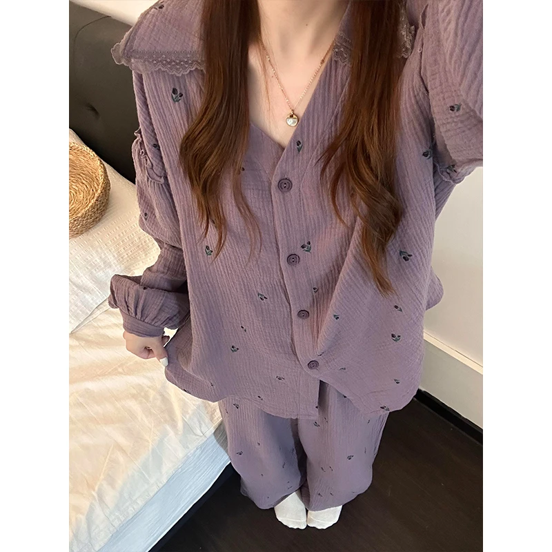 韩系甜美碎花双层棉纱睡衣女款秋季休闲长袖长裤可外穿家居服套装