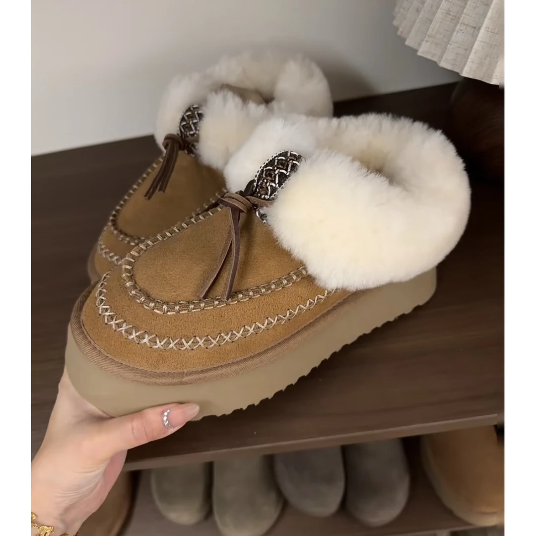 桑坡阿尔派平口流苏靴雪地靴皮毛一体外穿时髦秋冬利器冬季雪地靴