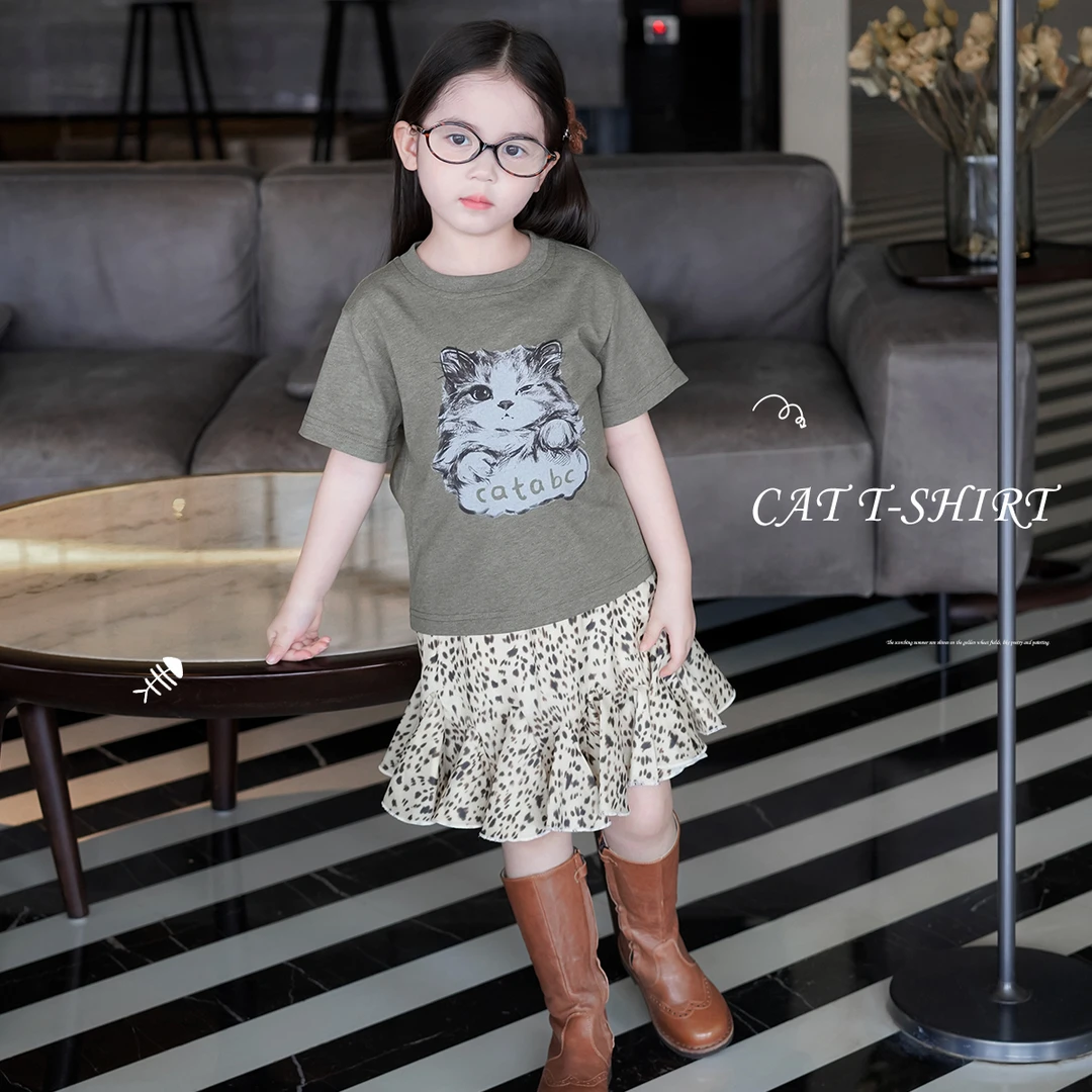 AnnieGirl夏季新款复古女童韩系可爱猫咪短袖T恤豹纹裙裤套装2025
