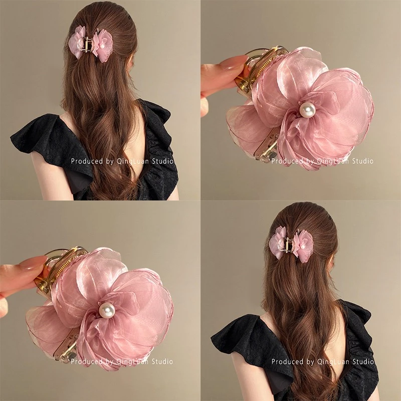 温柔樱花粉~仙气花朵网纱珍珠抓夹女后脑勺半扎发小夹子旅行发夹