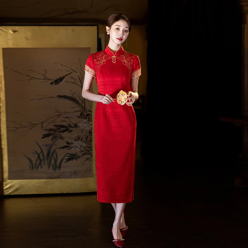 红色改良旗袍敬酒服新娘2025年新款春夏季结婚订婚回门礼服女醋酸