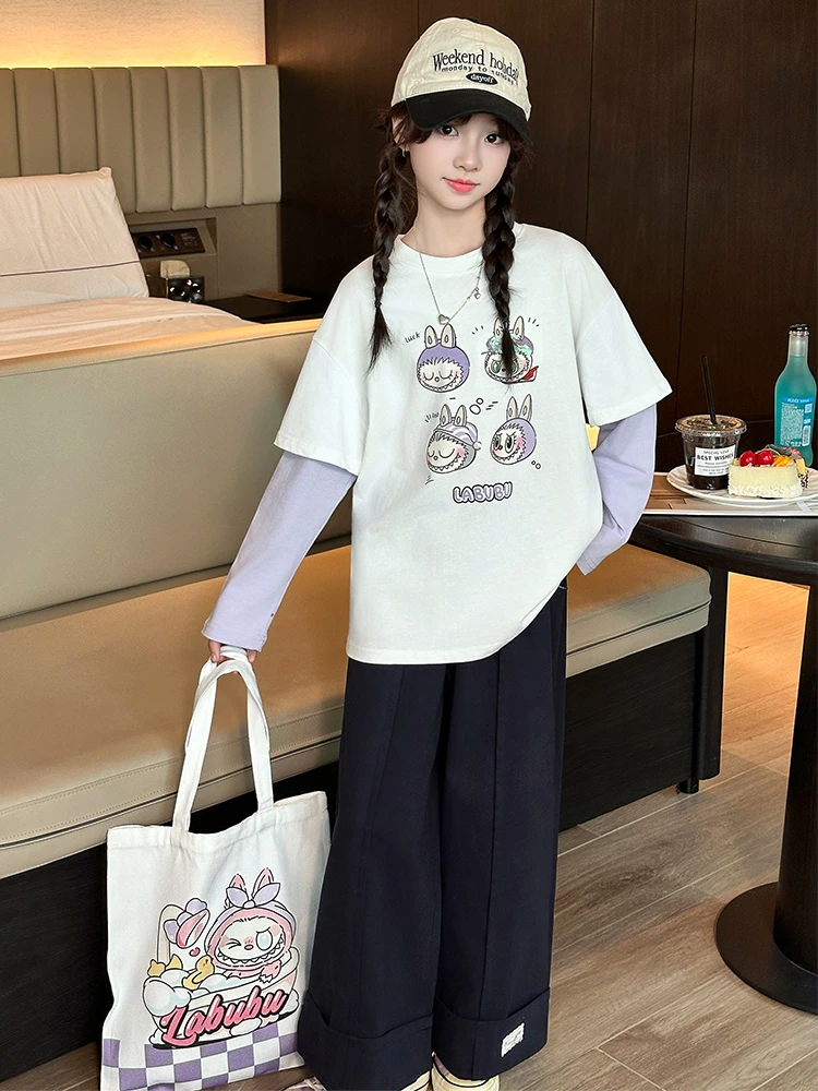 女童流行时尚卡通秋季长袖T恤女童秋装春秋洋气韩版中大童假两件