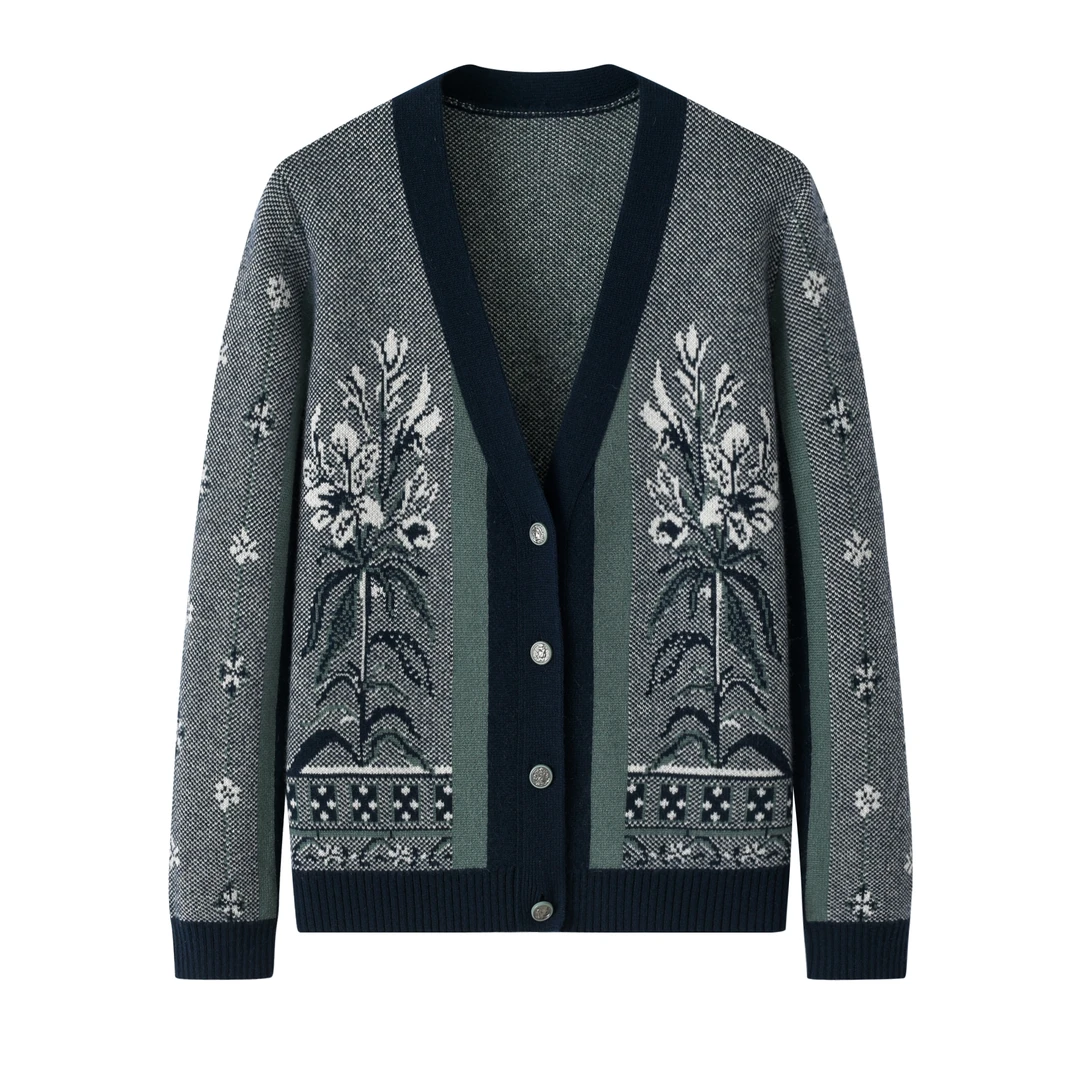 V领双提加厚女开衫纯山羊绒女士春秋休闲休闲提花百搭保暖针织