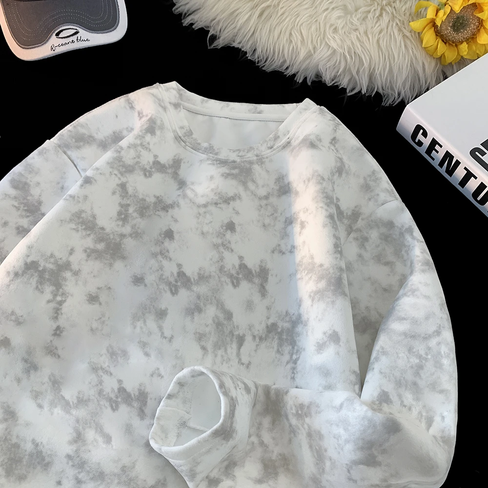 重磅扎染麂皮绒长袖男秋季t恤新款卫衣美式痞帅复古圆领打底衫