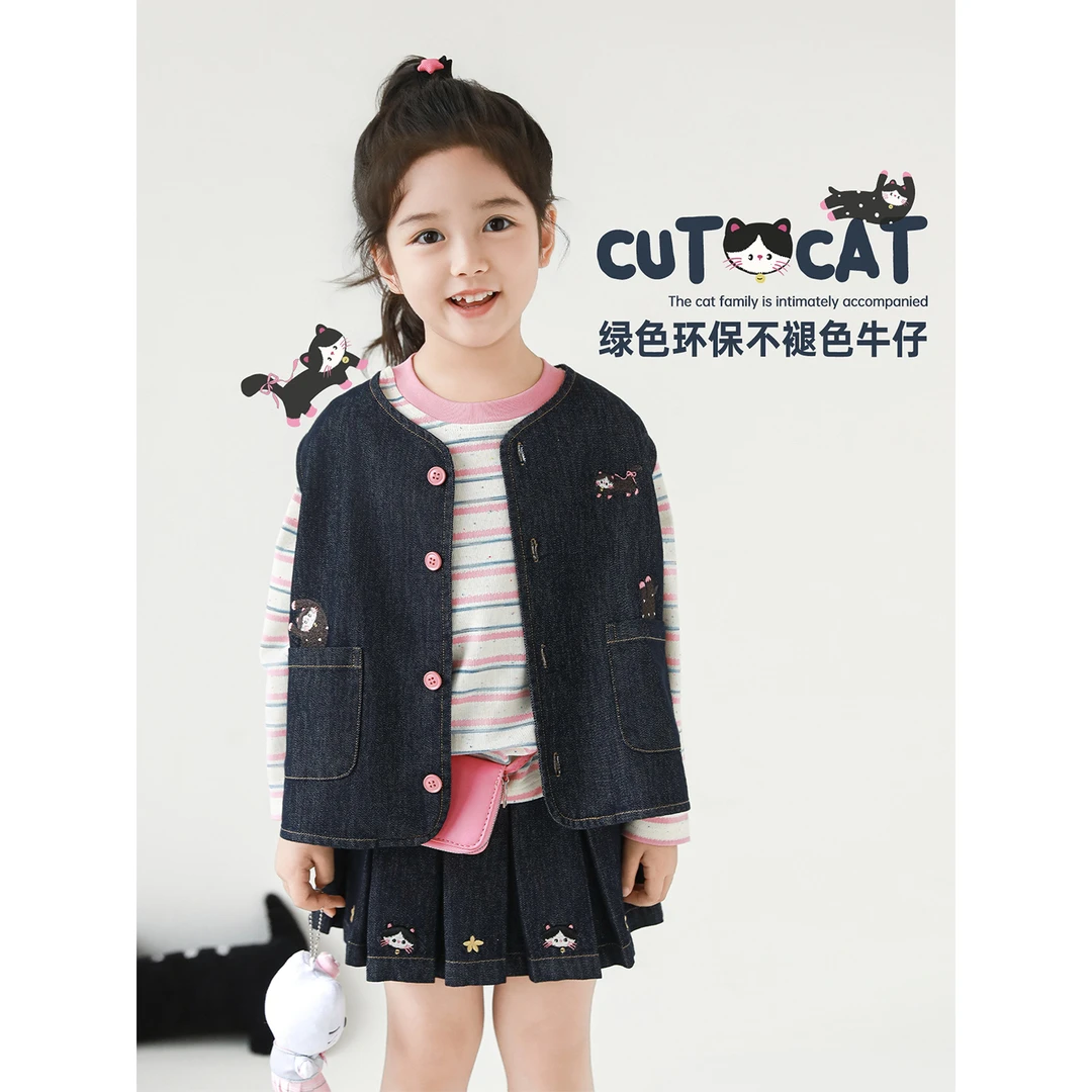 幼悠女童春装猫咪绣牛仔马甲独特洋气时髦可爱超萌儿童衣服Q4514