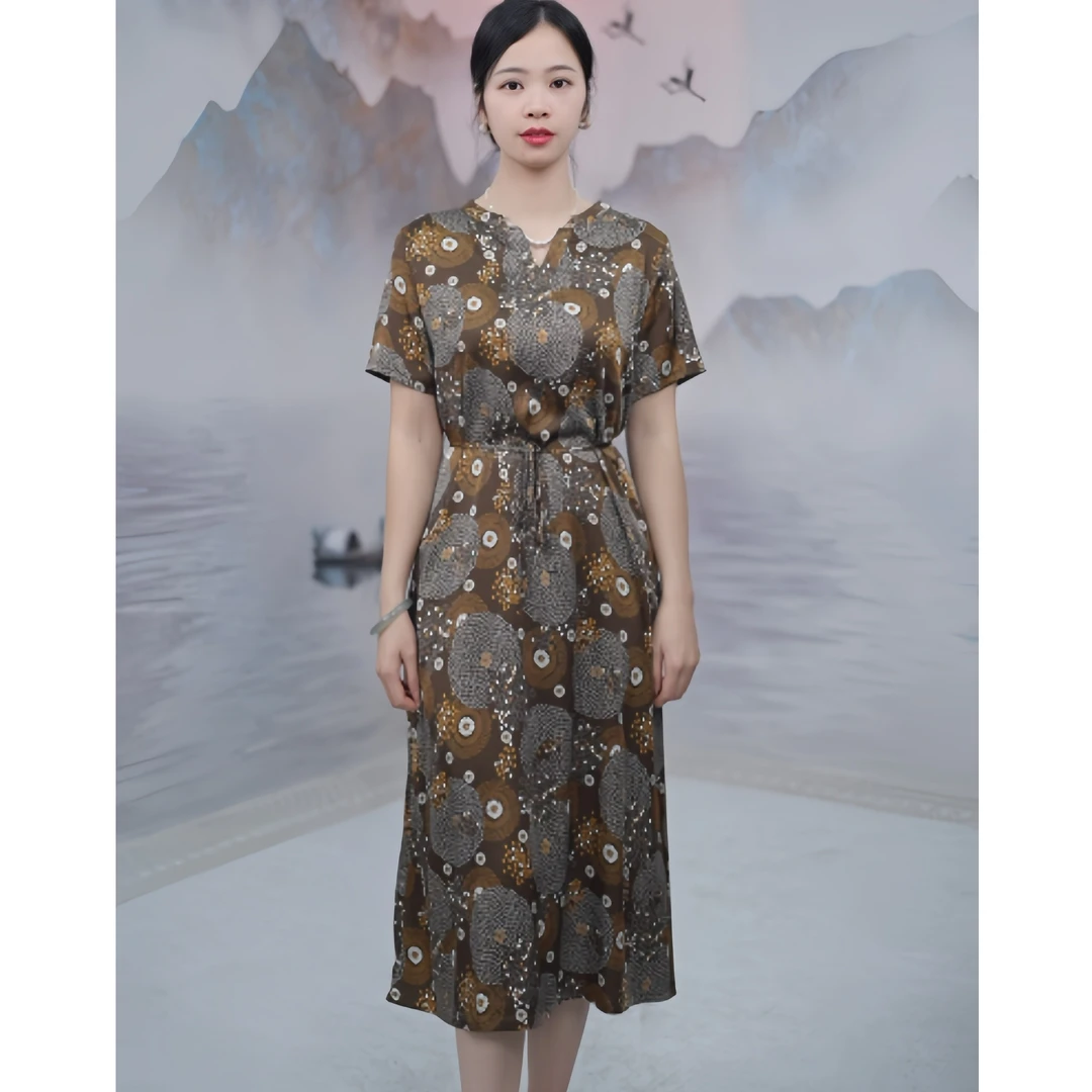 2609  高端奢华气质印花V领显瘦系带新中式女装连衣裙