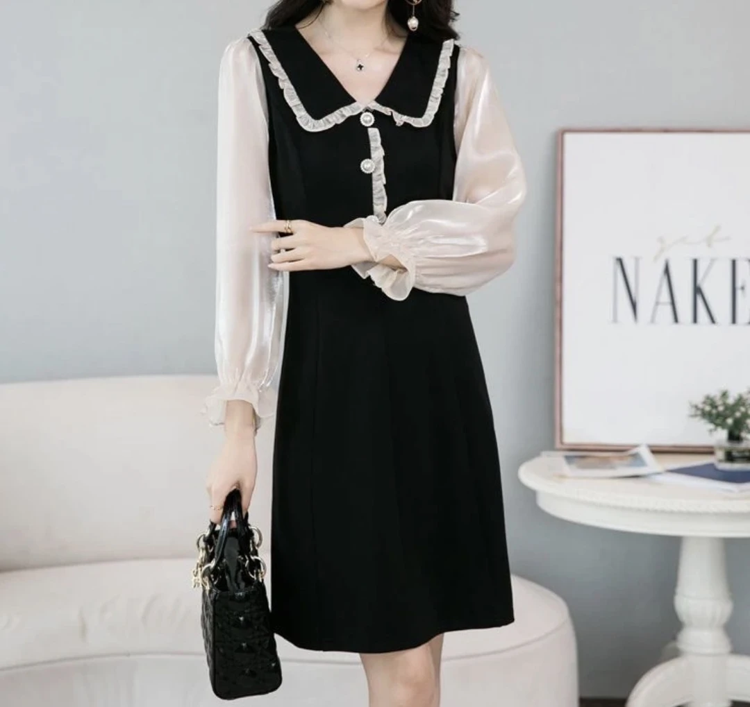 F116  YK时尚气质圆领气质拼接中长裙子