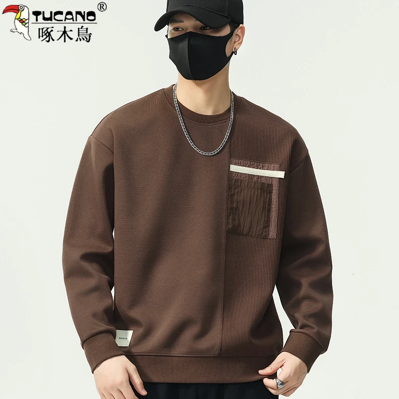 啄木鸟春秋季新款长袖卫衣男士休闲宽松复古圆领百搭纯色上衣男装