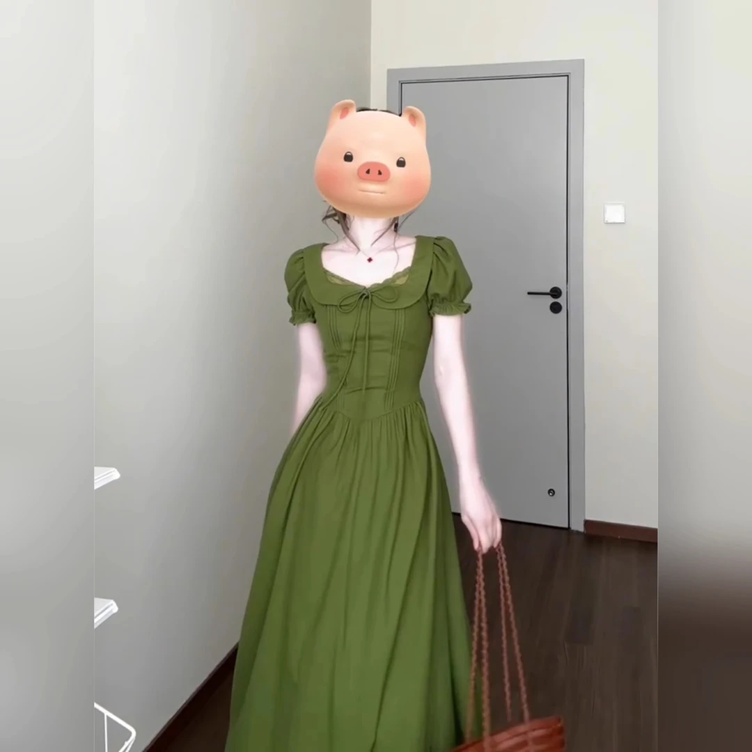 2025新款今年流行爆款独特漂亮掐腰夏日绝美裙子绿色泡泡袖连衣裙