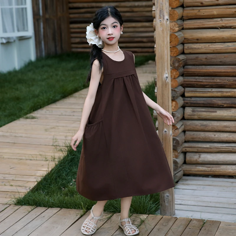 女童森系咖色高级感夏季2025新款儿童夏装连衣裙女孩大童背心长裙
