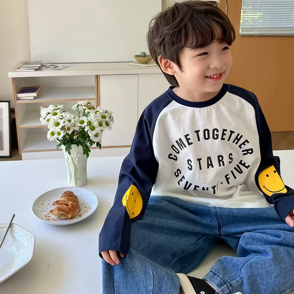 男童t恤长袖秋冬季新款男孩插肩拼色字母儿童装上衣儿童长袖秋季