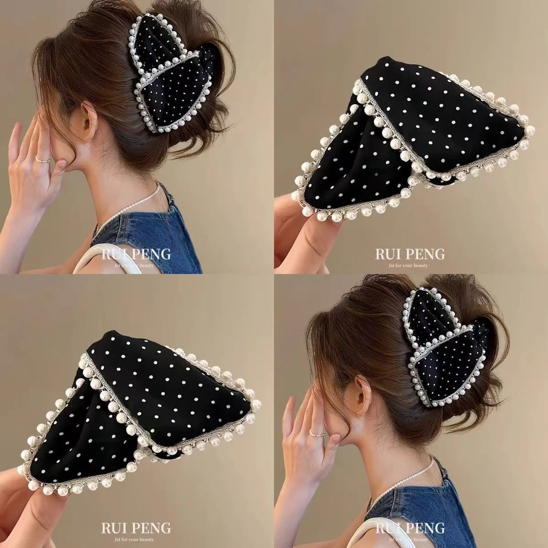 优雅精致珍珠波点发夹女后脑勺气质抓夹高级感2025新款大号鲨鱼夹