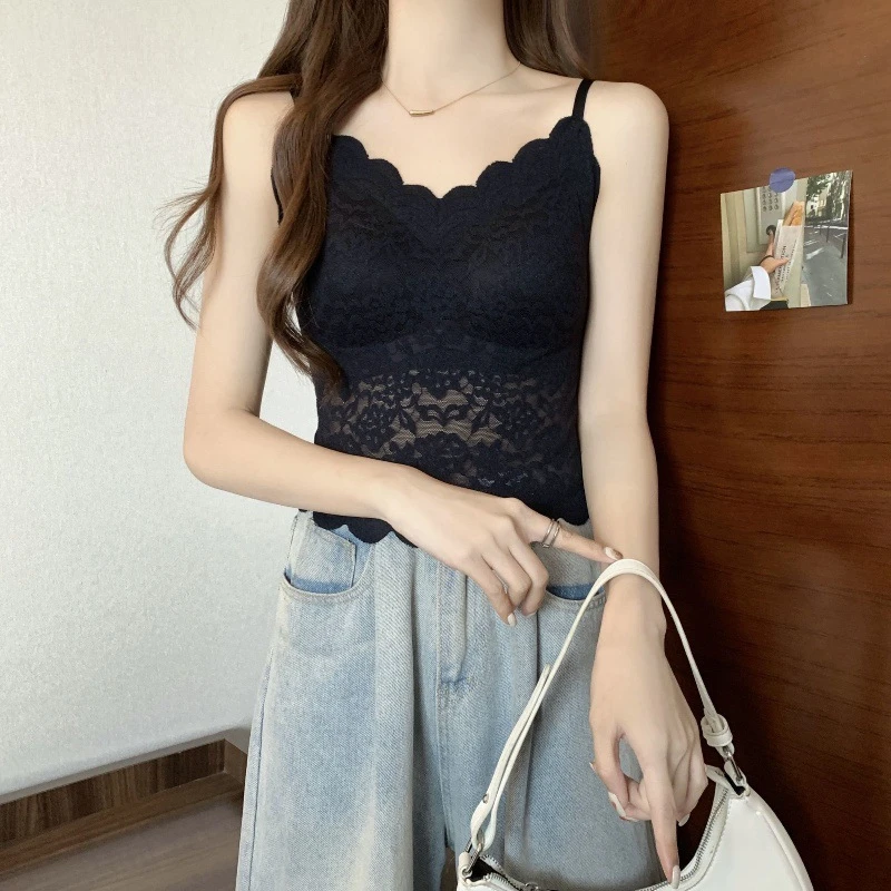 夏季纯欲甜美蕾丝吊带背心女生胸垫一体内搭外穿美背无痕修身上衣