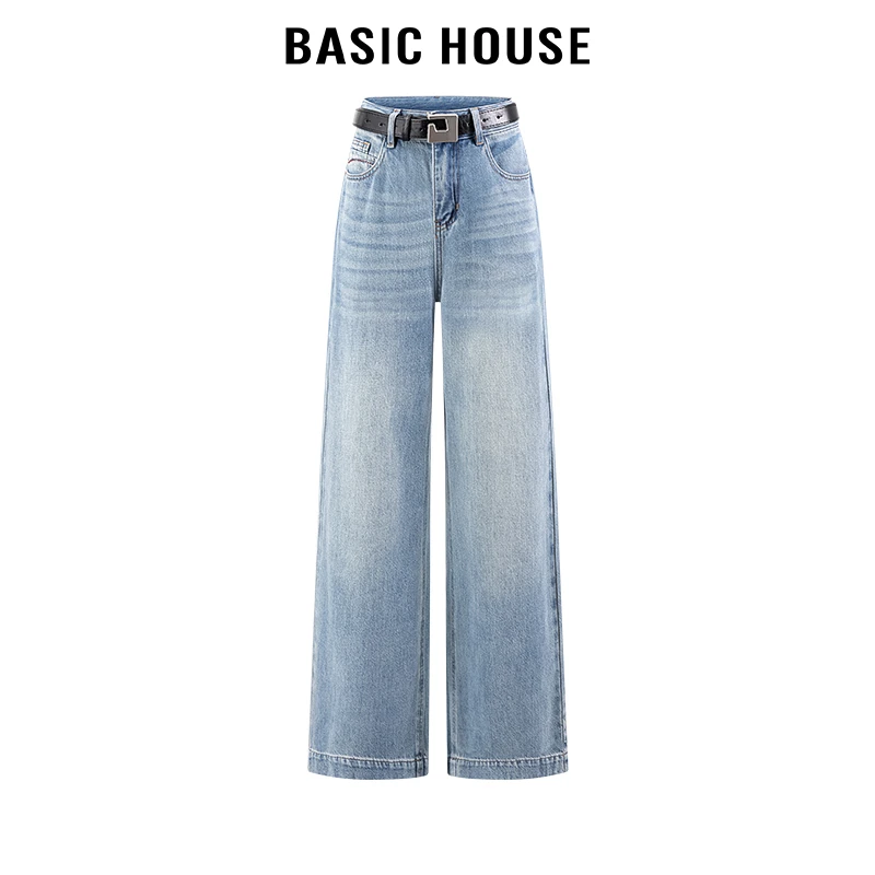百家好/Basic House一粒扣直筒牛仔裤女高腰休闲水洗蓝色拖地长裤