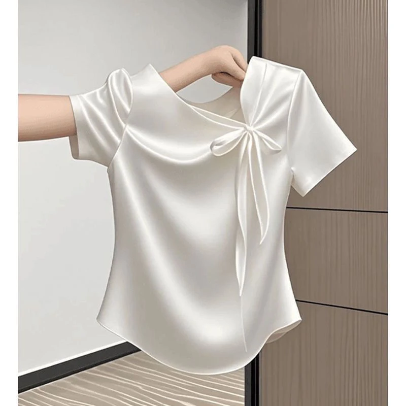 新中式夏季新款短袖上衣2025设计蝴蝶结好看显瘦百搭显女士t恤
