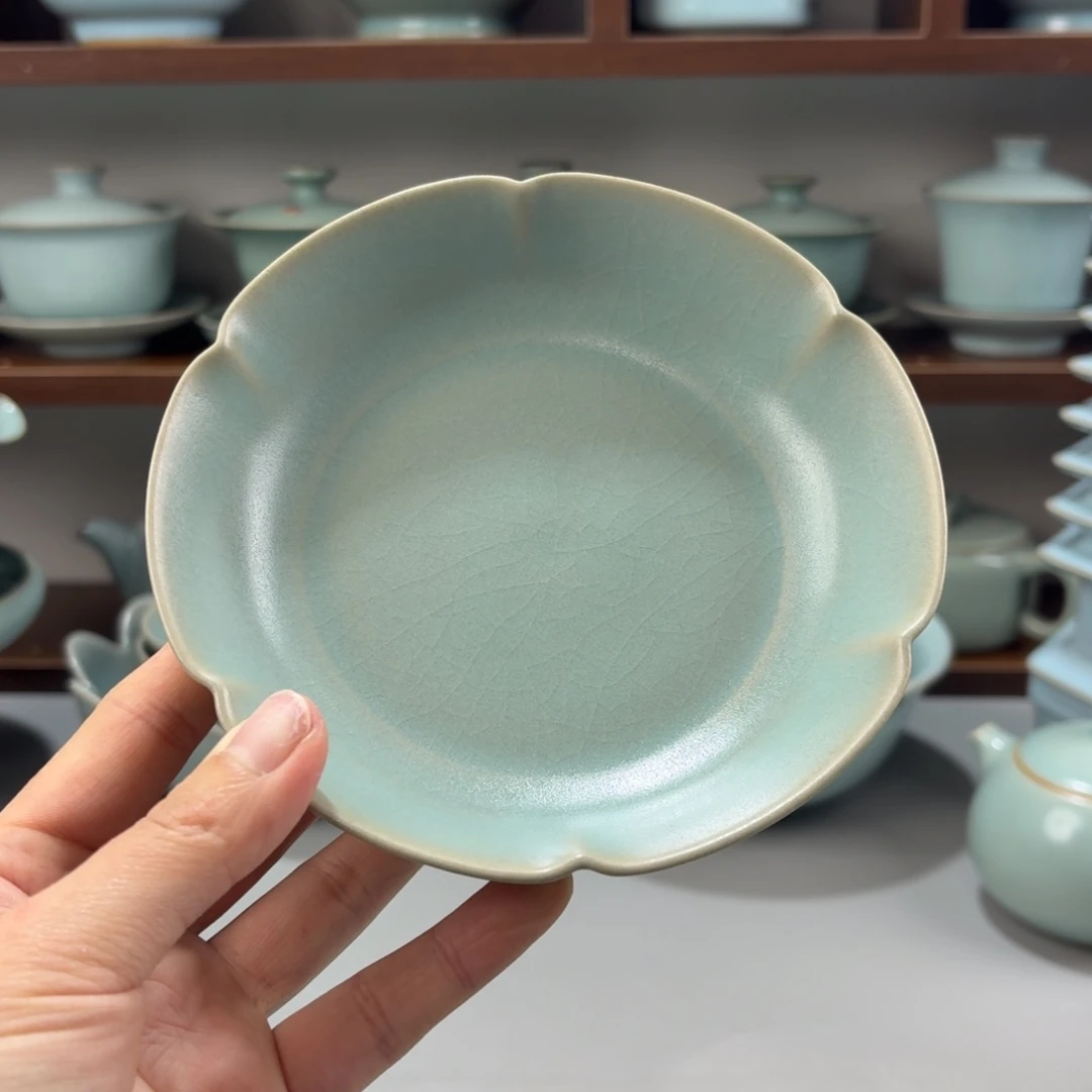 瓷摆件汝窑仿古釉葵口洗微微瑕