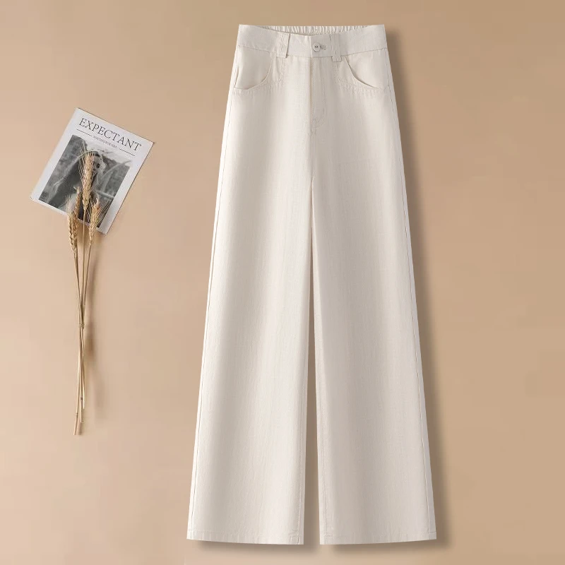 天丝亚麻阔腿裤女2025夏季薄款新款后松紧高腰显瘦抗皱休闲直筒裤