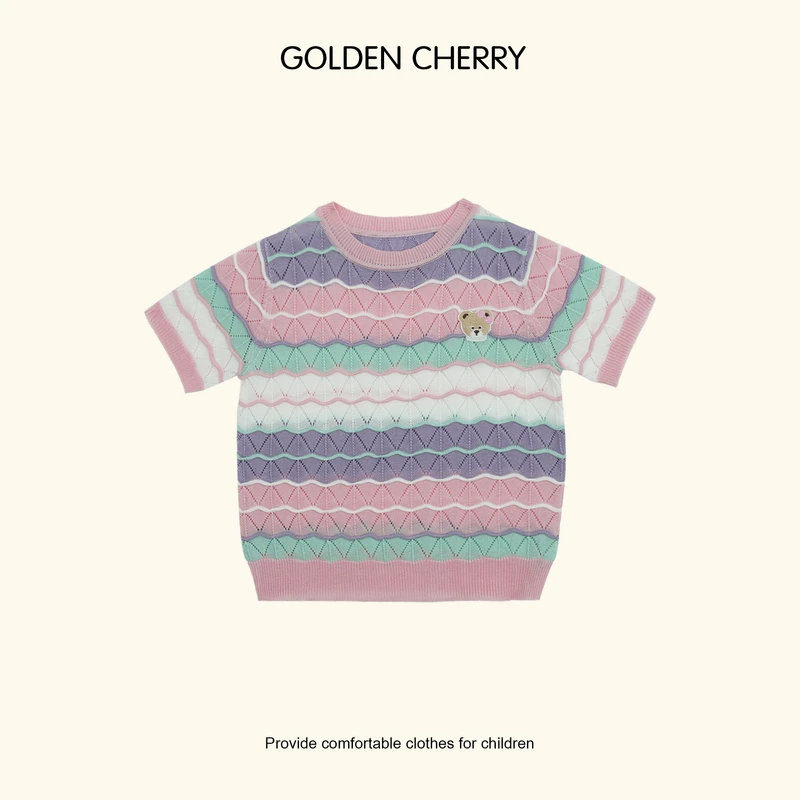 【金樱桃Golden cherry】儿童彩虹条小熊刺绣百搭T恤QS067