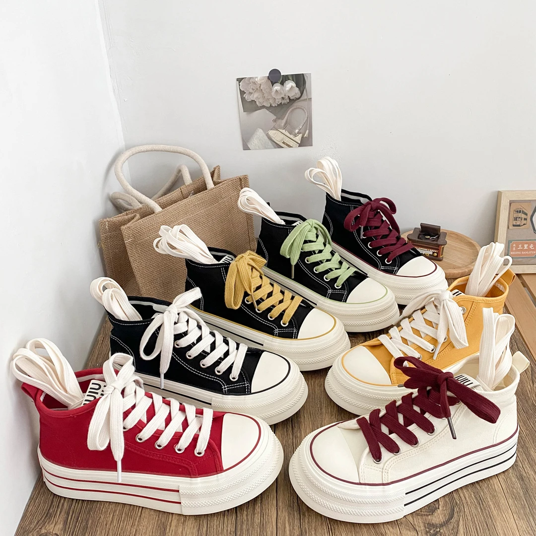 觅觅厚底增高学生透气帆布鞋女秋季新款松糕底休闲百搭小白鞋高帮