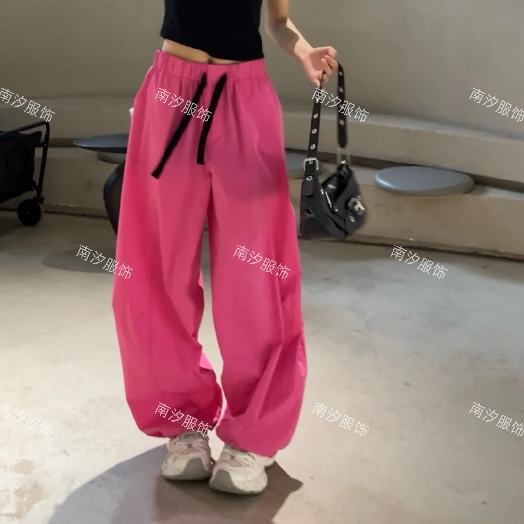 夏季高腰抽绳拼色腰头弯刀气球阔腿显瘦休闲长裤