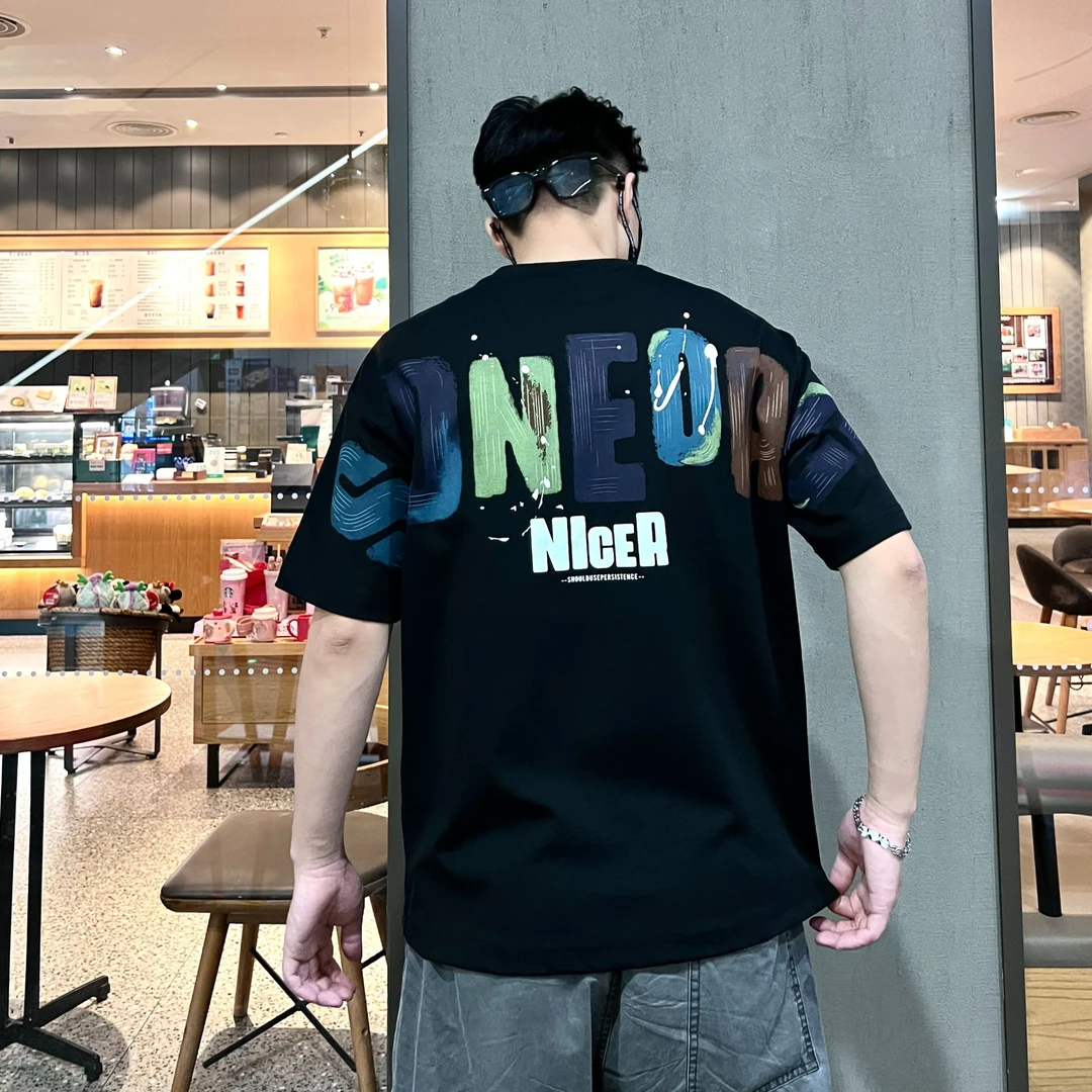 短袖男T恤男装英伦痞帅美式潮牌男装前幅刺绣G男生背后发泡